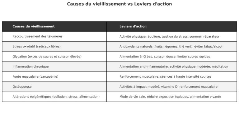causes vieillissement tableau